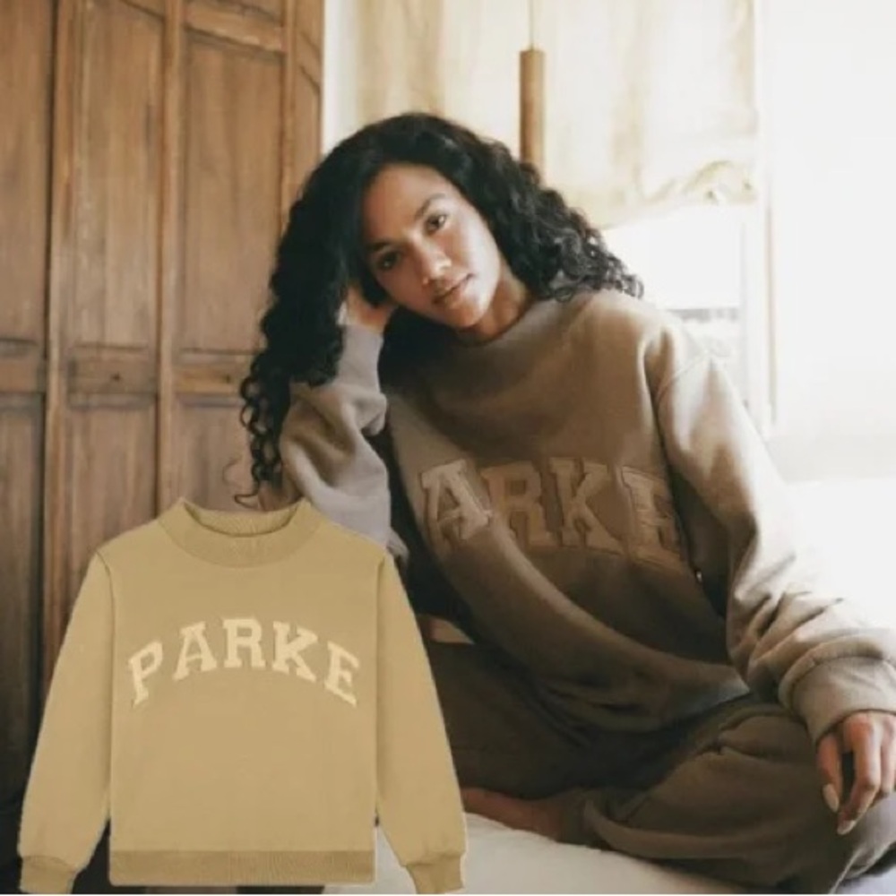 PARKE Mockneck monochrome varsity latte sweatshirt pullover khaki fleece
